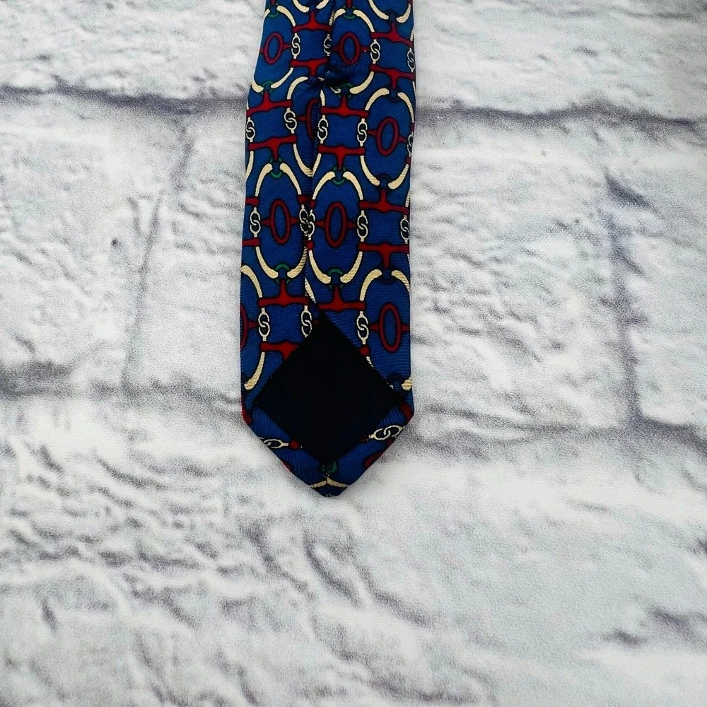 Brooks Brothers Makers Mens Silk Tie Navy Blue Red Gold Geometric Chain Link USA